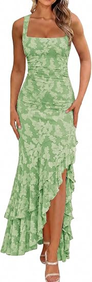 BORIFLORS Women's Elegant Ruched Floral Maxi Dress Mesh Mermaid Ruffle Wedding Guest Cocktail Lon... | Amazon (US)