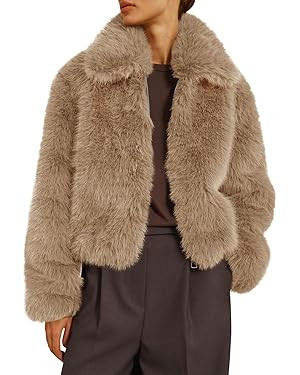 Tankaneo Womens Cropped Faux Fur Jacket Shaggy Lapel Zip Up Winter Coats Fuzzy Warm Outerwear | Amazon (US)