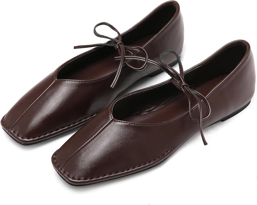 Lace Up Square Toe Ballet Flats for Women Cute Bow Slip On Mary Jane Flats Casual Ballerina Shoes | Amazon (US)
