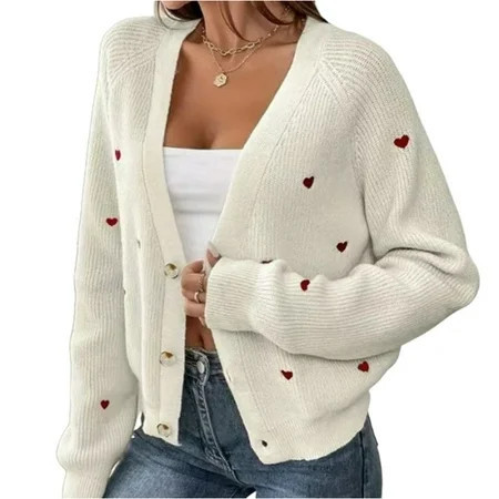 Women s Fall Winter Heart Pattern V-Neck Casual Simple Style Cardigan Sweater Open Front Long Sleeve Knit Wrap Winter Clothes White Size M | Walmart (US)