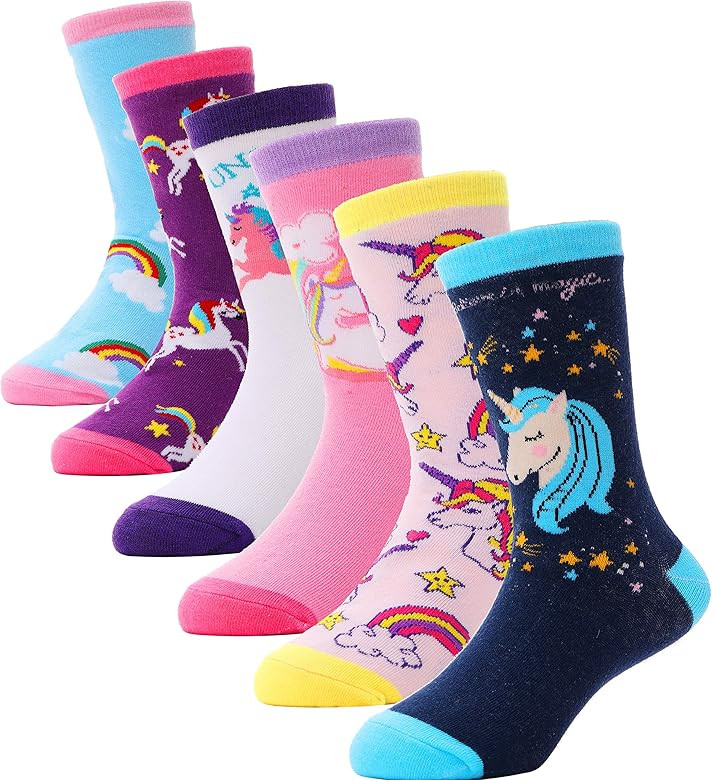 ANTSANG Children Cotton Crew Socks for Girl Kids Toddler Fashion Cute Cartoon Animal Socks 6 Pack | Amazon (US)