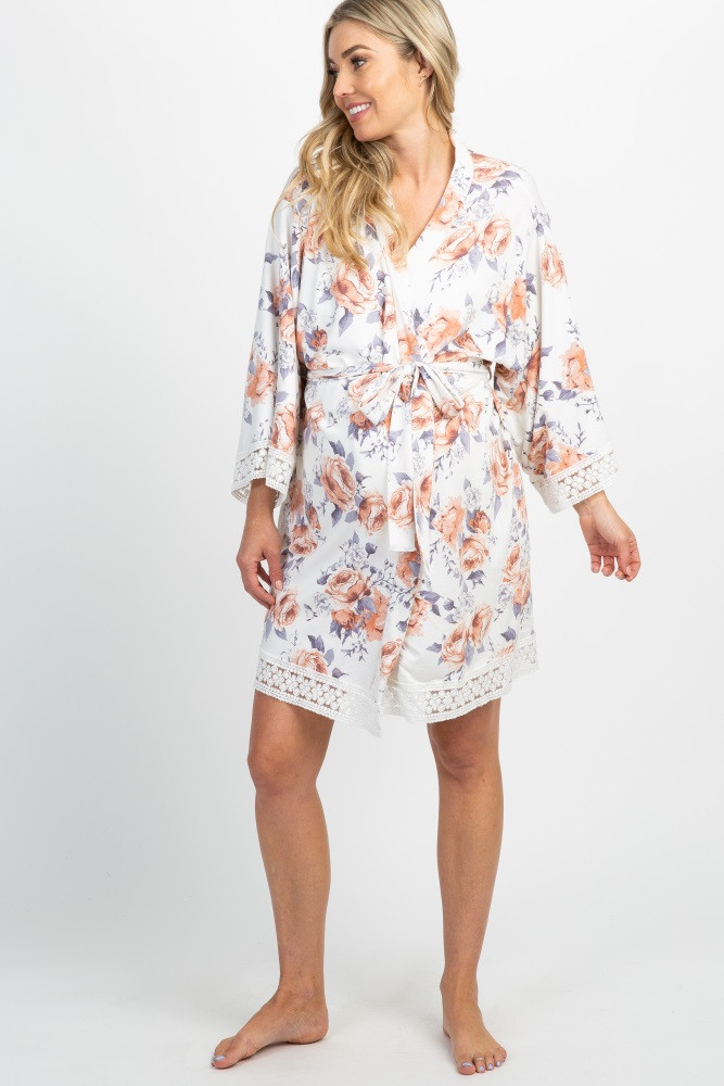 PinkBlush Ivory Floral Lace Trim Delivery/Nursing Maternity Robe | PinkBlush Maternity