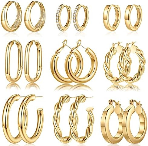 Yesteel 9 Pairs Gold Hoop Earrings for Women, 925 Sterling Silver Post 14K Real Gold Plated Chunk... | Amazon (US)