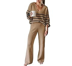 Linsery Women 2 Piece Outfits V Neck Sweater Wide Leg Sweatsuit Rib Knit Lounge Sets Leisure Wear | Amazon (US)