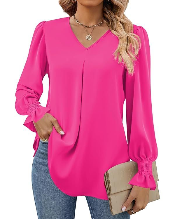 Funlingo Women's 2024 Long Sleeve Tops Dressy Casual V Neck Tunic Shirts Loose Chiffon Work Blous... | Amazon (US)