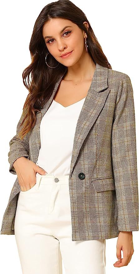 Allegra K Women's Plaid Notched Lapel One Button Houndstooth Blazer Jacket | Amazon (US)