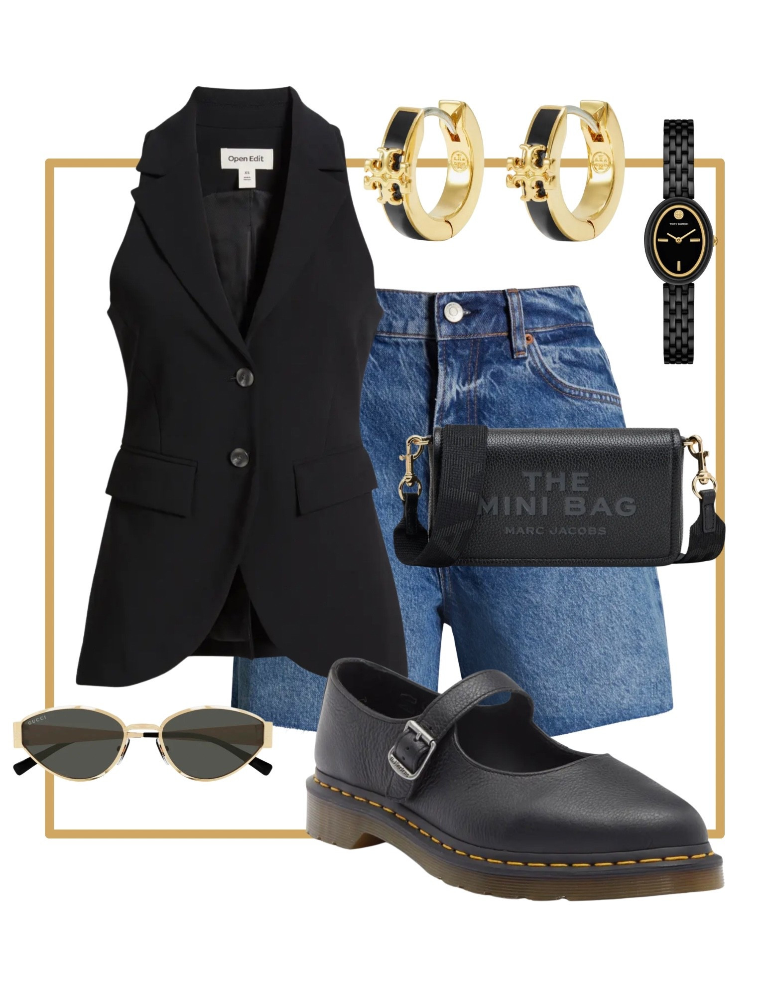 Everyday casual classy summer outfit. Denim shorts. Black button vest. Doc Martin Mary Jane shoes. Black mini bag purse. Black watch. Black and gold Tory Burch earrings. Black sunglassess

#LTKWorkwear #LTKItBag #LTKShoeCrush