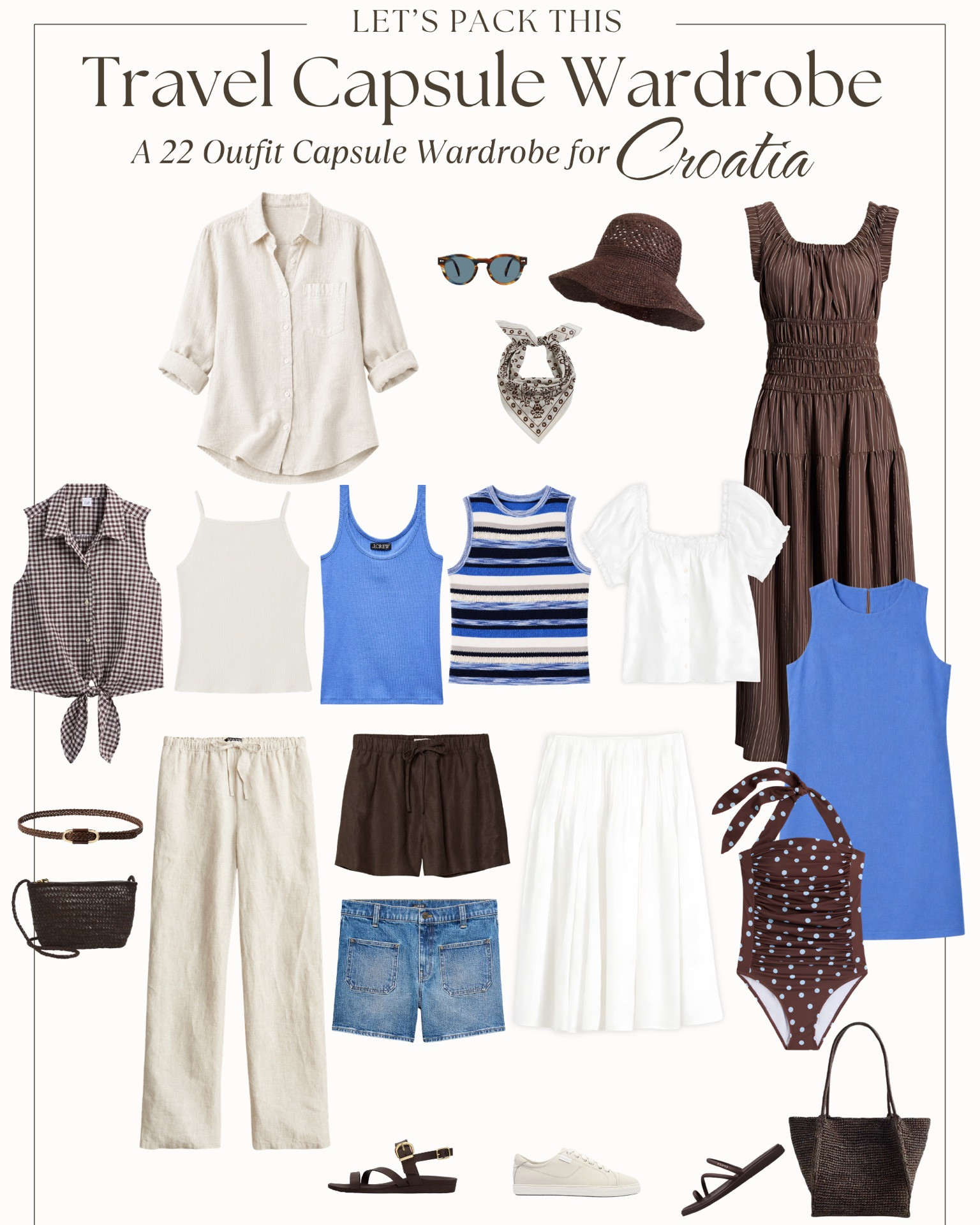 This travel capsule wardrobe was designed for a summer trip to Croatia—historic old towns, island hopping, waterfront strolls, winery visits, and long sightseeing days in the Mediterranean sun.

Expect warm, sunny weather with daytime temperatures around 78–90°F (26–32°C) along the coast and evenings cooling to 68–75°F (20–24°C). A light layer is helpful on breezy ferry rides or after sunset, but most days are comfortably warm.

The outfit formulas in this guide make getting dressed simple. Whether you’re exploring Dubrovnik’s Old Town, wandering Split’s waterfront, heading to a winery, or spending the day on a boat, you’ll already know exactly what to wear.

Here’s your packing list:

5 tops — lightweight tanks and breezy blouses that stay cool in the summer heat while mixing effortlessly with every bottom.

4 bottoms — linen pants, shorts, a midi skirt, and denim shorts give you options for sightseeing, waterfront walks, and casual dinners without overpacking.

2 dresses — comfortable one-and-done outfits that easily transition from daytime exploring to dinner with a simple shoe change.

1 lightweight layer — a linen button-down that works as a light layer on cooler evenings, a beach cover-up, or a third piece for extra sun protection.

3 shoes — comfortable sneakers for long sightseeing days, supportive sandals for everyday wear, and water-friendly sandals for boat and beach days.

1-2 Bathing Suits

Crossbody bag for sightseeing.

Tote bag for boat excursions and beach days.

Accessories — sunglasses, a sun hat, scarf, and belt add personality while taking up very little suitcase space.

Just 12 clothing pieces mix and match into 22 outfit combinations, and it all fits in your carry-on suitcase. 

Not headed to Croatia? This capsule also works beautifully for Montenegro, the Greek Islands, coastal Italy, Malta, southern Portugal, and the French Riviera, where warm Mediterranean weather, walkable towns, waterfront evenings, and boat days call for the same easy packing strategy.

#LTKOver40 #LTKTravel