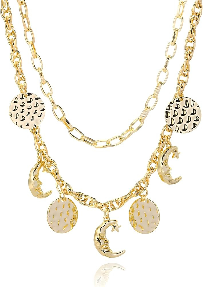 Gold Charm Necklace for Women DIY Fruit Seashell Beach Charm Necklace Sun Moon Coins Silver Paper... | Amazon (US)