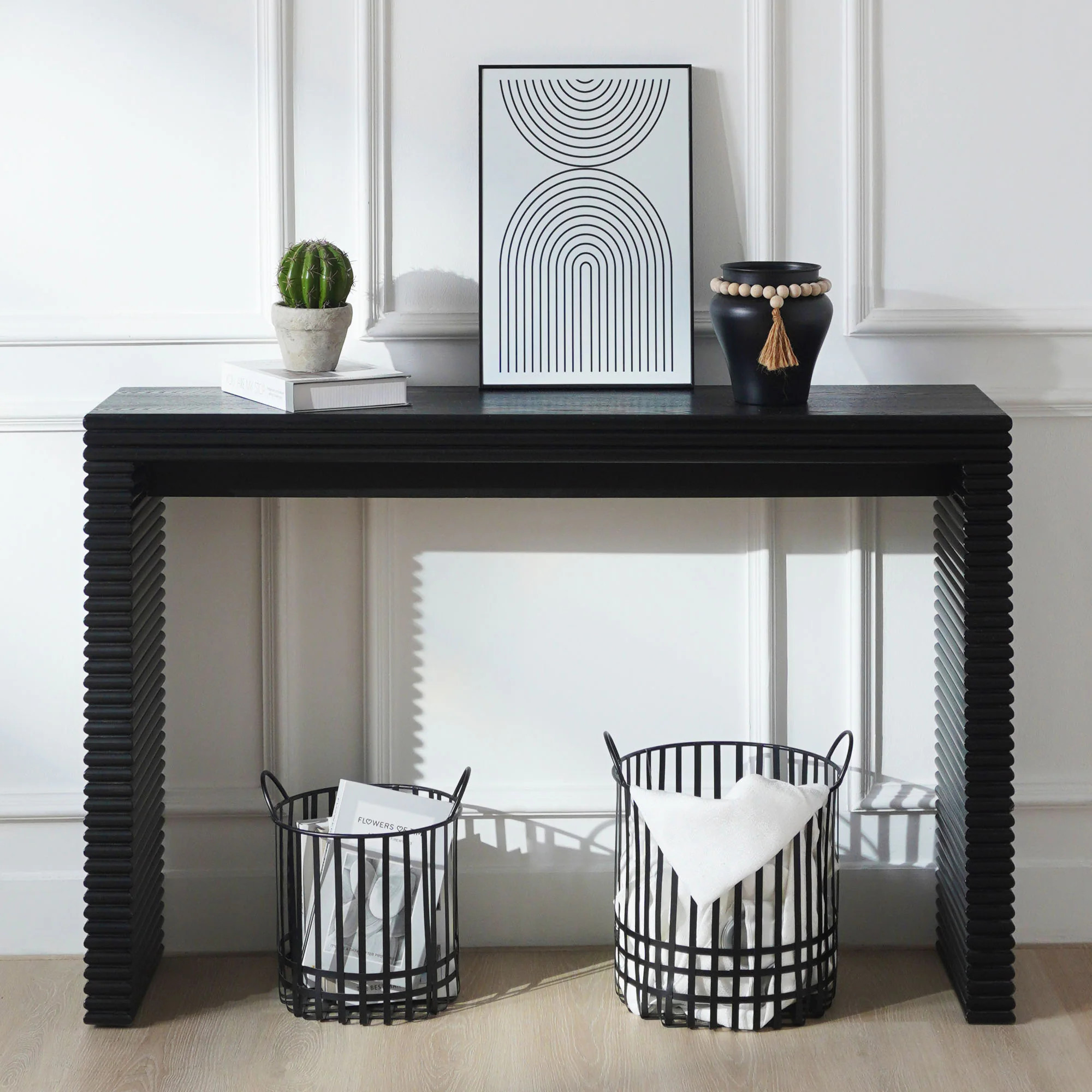 GDFStudio Modern Black Console Table with Ribbed Design 47inch Narrow Wood Entryway Hallway Table Sofa Table for Living Room one_size | 361001 | Lowe's
