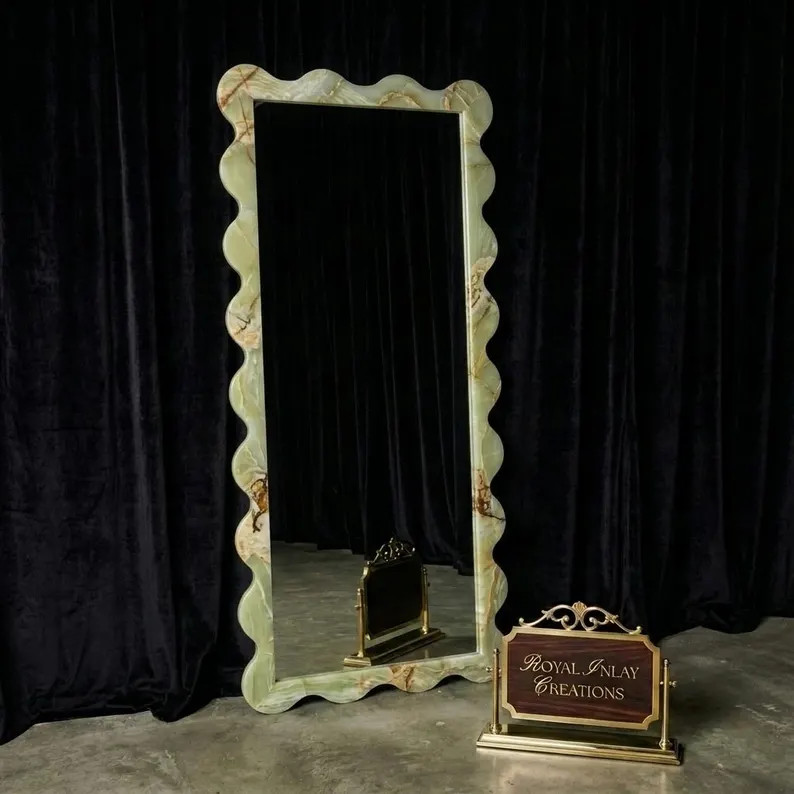 Large Wavy Green Onyx Full Length Mirror | Scalloped Natural Stone Floor Mirror | Modern Squiggle... | Etsy (Global)