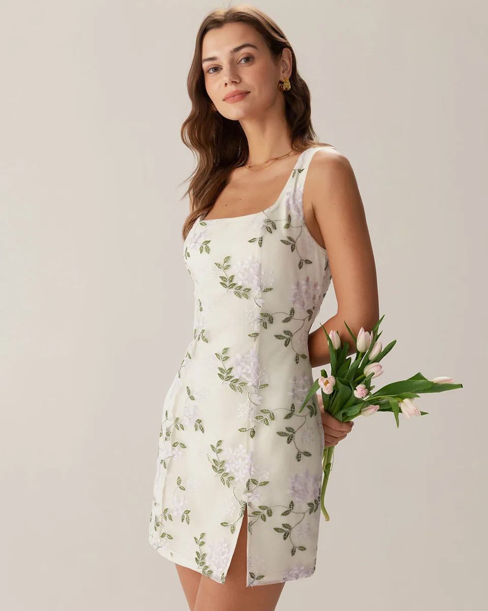 Beige Square Neck Embroidery Slit Slip Mini Dress | rihoas.com