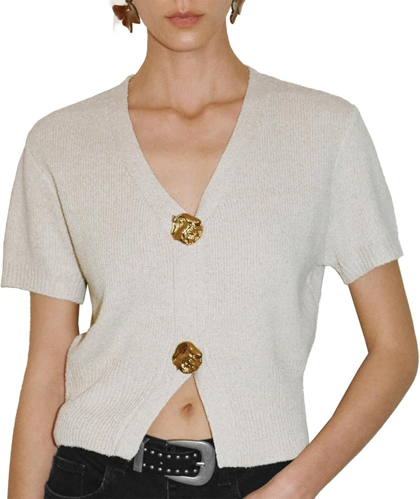 URBAN REVIVO Women's Cardigan Sweaters Short Sleeve V Neck Gold Button Down Cropped Knit Casual S... | Amazon (US)