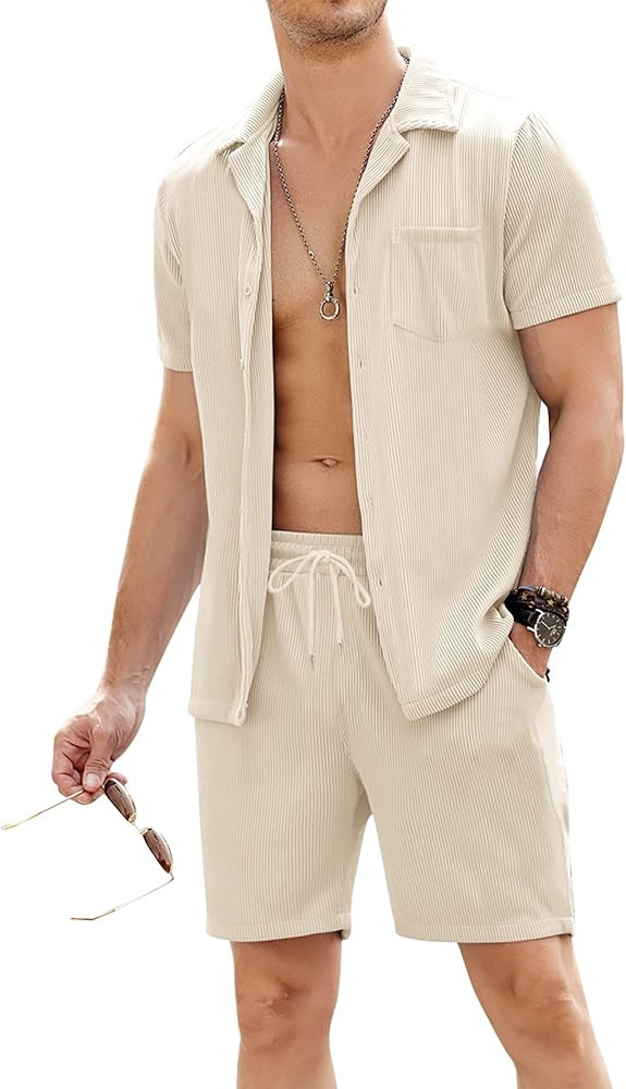 COOFANDY Men's 2 Pieces Shirt Sets Short Sleeve Casual Button Down Hippie T-Shirts Shorts Sets Summe | Amazon (US)