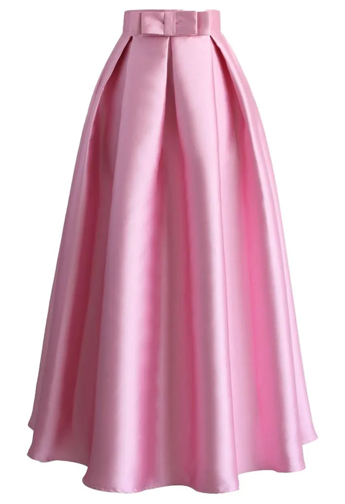 Luxurious Night Bowknot Pleated A-Line Skirt in Pink | Chicwish