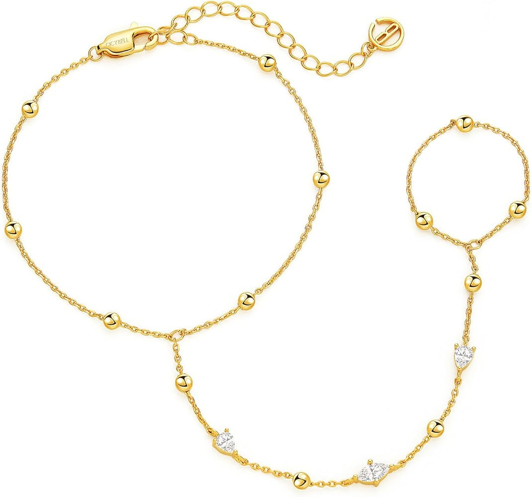 Cicy Bell Hand Chain 18k Gold Plated Bracelet for Women Trendy Teardrop Cubic Zirconia Adjustable... | Amazon (US)