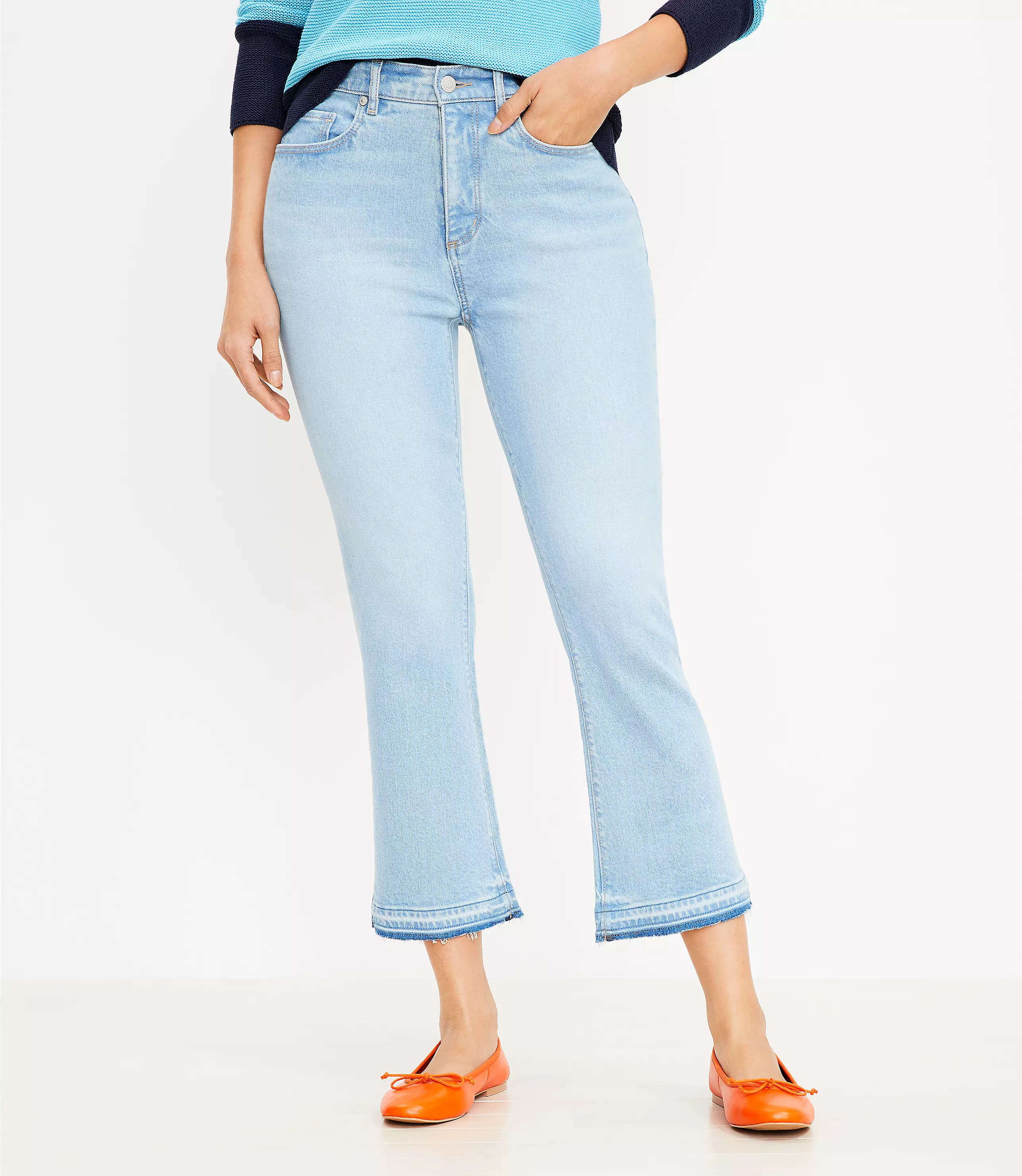 Curvy Let Down Hem High Rise Kick Crop Jeans in Vivid Light Indigo Wash | LOFT