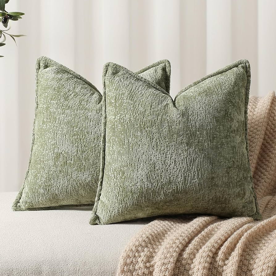 DEZENE Pack of 2 Sage Green Decorative Throw Pillow Covers 20x20 Cozy Soft Chenille Accent Vintag... | Amazon (US)