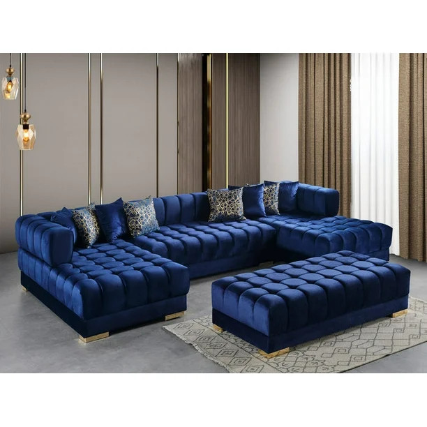 Avorio Velvet Blue Double Chaise Sectional - Walmart.com | Walmart (US)