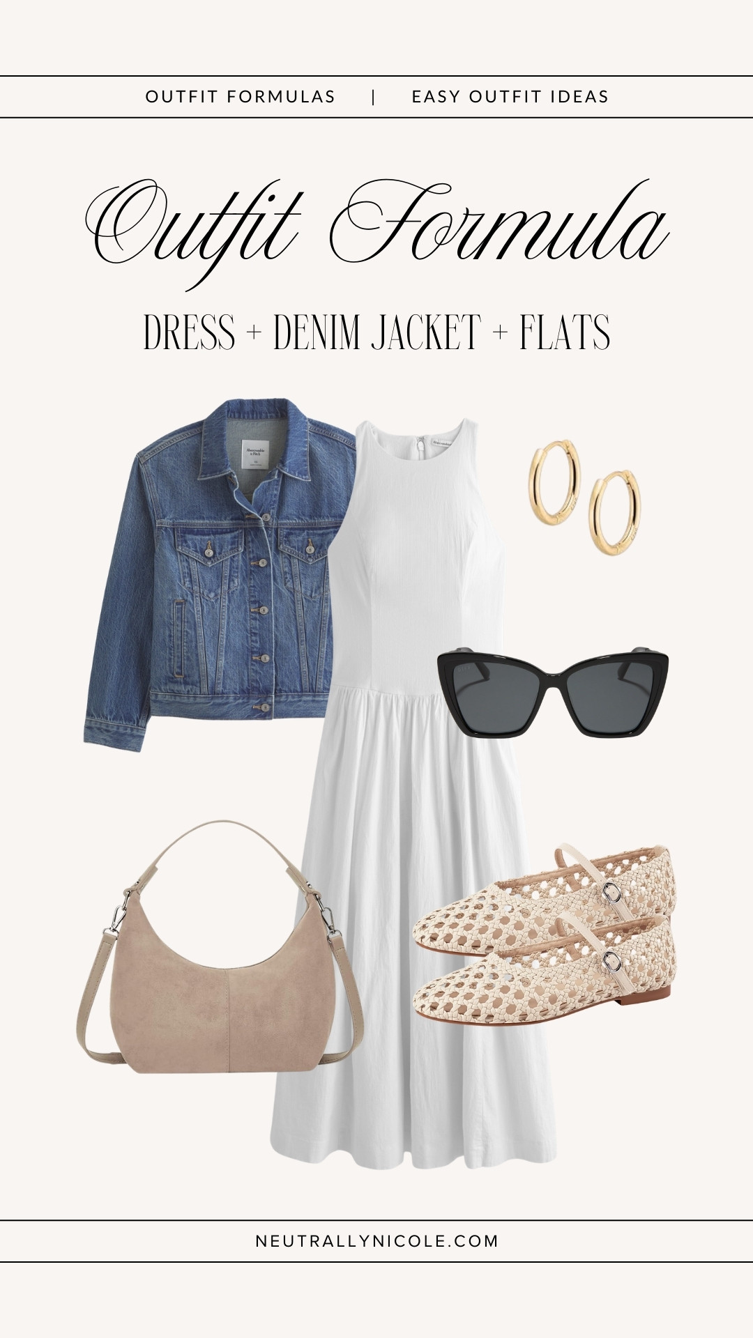 Outfit formulas for easy everyday outfits ft capsule wardrobe staples | casual outfit, spring outfit, summer outfit, brunch outfit, white dress outfit, midi dress outfit, denim jacket outfit, mesh ballet flats outfit, neutral outfit, neutral style, amazon fashion, abercrombie // Neutrally Nicole, @neutrallynicole, neutrallynicole.com 

 #LTKootd #LTKSaleAlert #LTKTravel