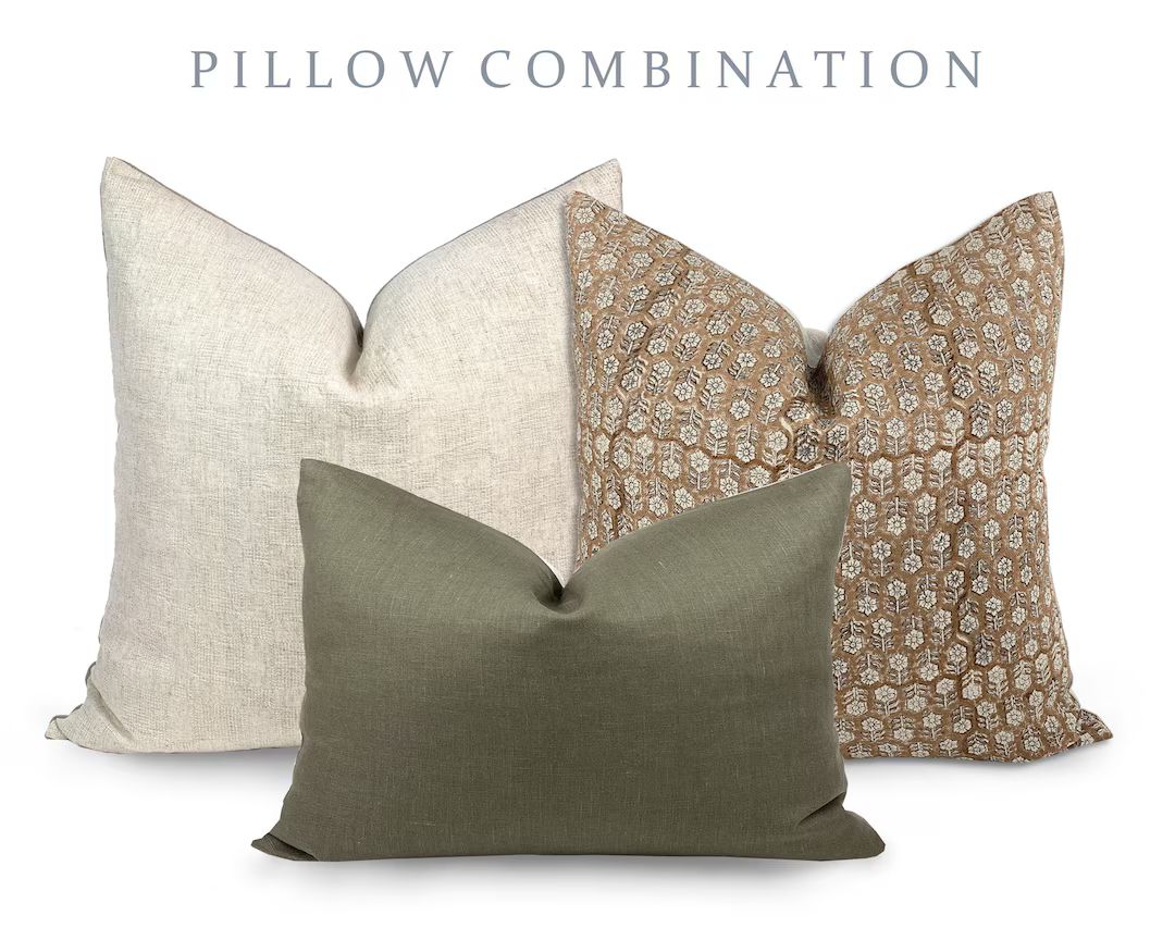 PILLOW COMBO | Warm Neutrals, Beige Woven Pillow, Camel Floral Pillow, Green Pillow, Pillow Combi... | Etsy (US)