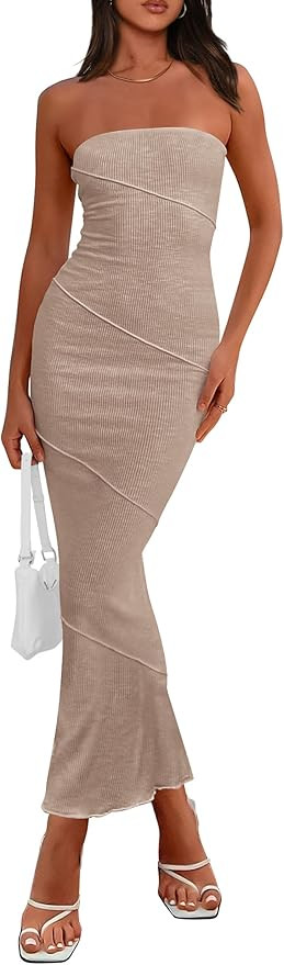 PRETTYGARDEN Women's Ribbed Maxi Bodycon Dress Summer Strapless Tube Y2K Party Club Long Dresses | Amazon (US)