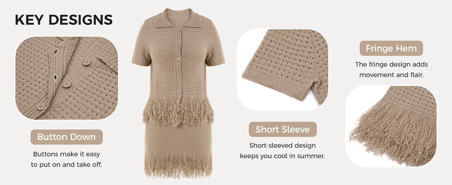 Amazon.com: Fisoew Womens 2 Piece Crochet Outfits Short Sleeve Button Knit Sweater Tops Fringe Sk... | Amazon (US)