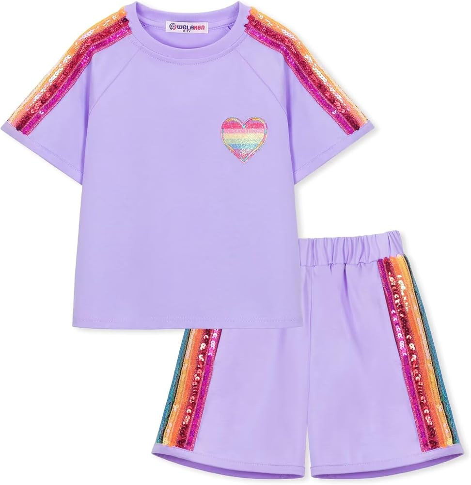 WELAKEN Girls 2 Piece Outfit Kid Toddler Heart & Rainbow Sequin Striped T-shirt and Shorts Clothi... | Amazon (US)