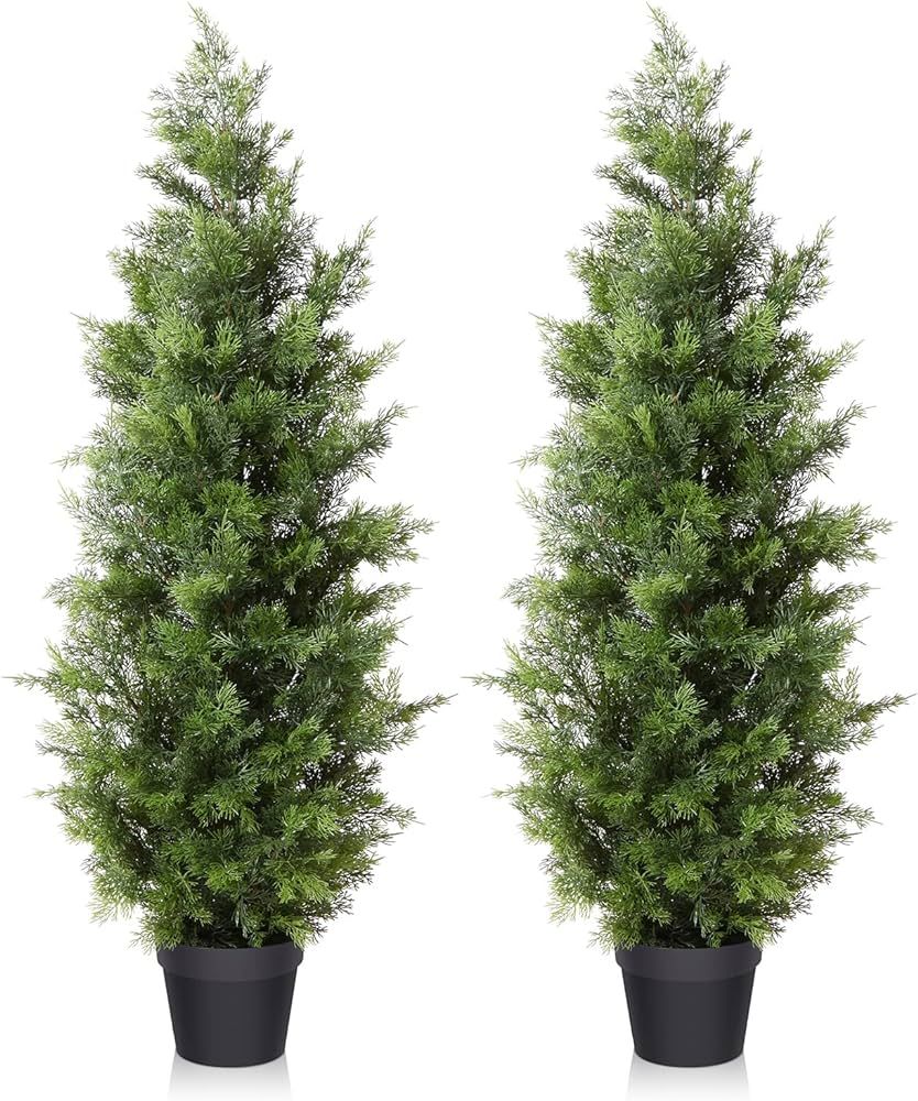 LOMANTO Outdoor Artificial Topiary Cedar Tree 2Pack Fake Tree 4Ft UV Rated Potted Plants for Porc... | Amazon (US)