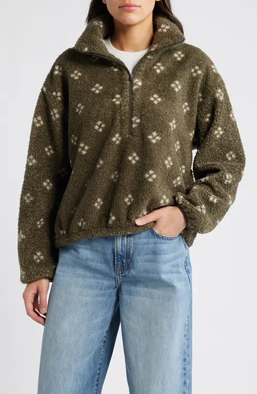 Treasure & Bond Geo Print Half Zip Fleece Pullover in Olive- Ivory Tay Geo at Nordstrom, Size Medium | Nordstrom