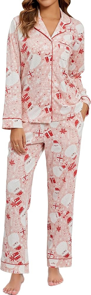 LUBOT Christmas Pajamas 100% Cotton Womens Pajamas Set 2 Piece Soft Button-Down Xmas PJs Set Slee... | Amazon (US)