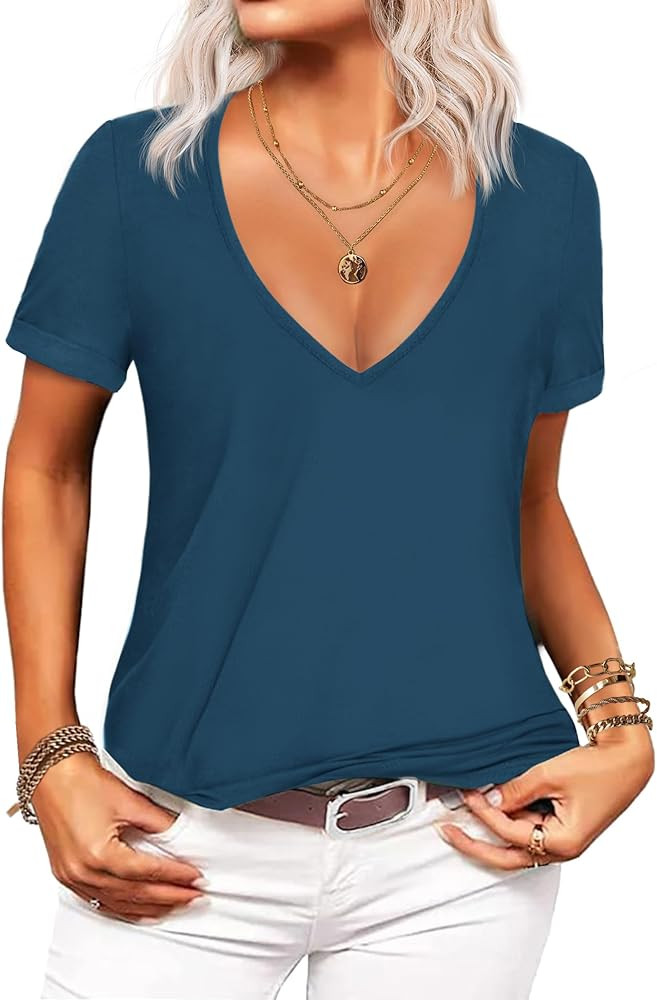 Beyove Women's Deep V T-Shirt Summer Short Sleeve Loose Casual Top(S-3XL) | Amazon (US)