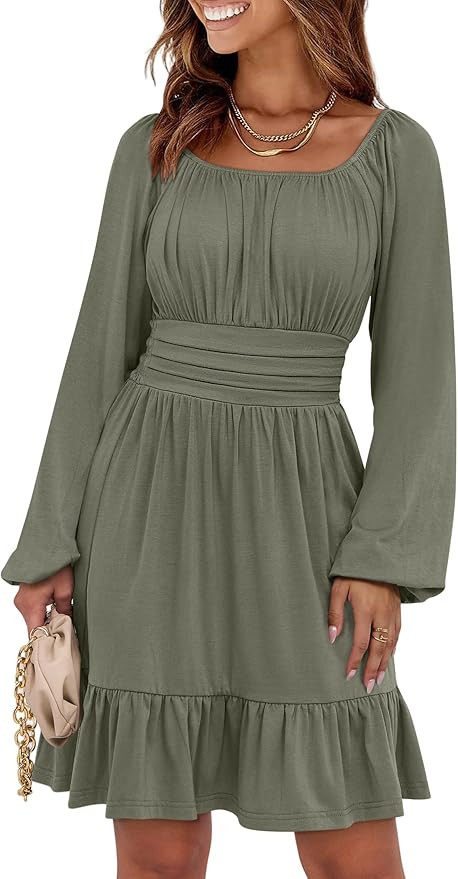 ANRABESS Womens Dress Long Lantern Sleeve Square Neck Elastic Waist Ruffle Flowy Swing A-Line Sho... | Amazon (US)