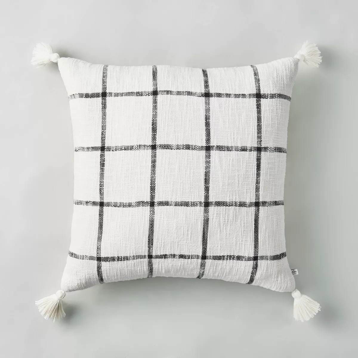 24"x24" Woven Slub Checkered Throw Pillow with Tassels Cream/Gray - Hearth & Hand™ with Magnoli... | Target