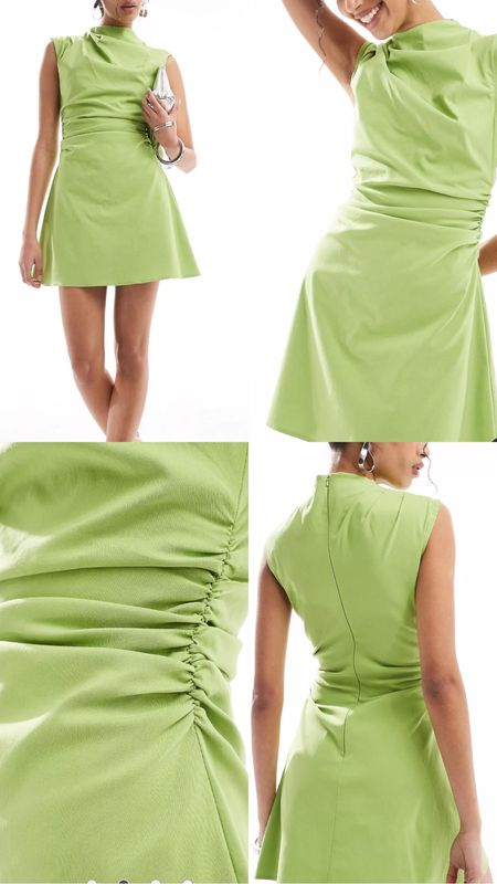 Green dress. Bengaline high neck sleeveless mini dress with ruching detail in pistachio green. Under £40. Summer, spring, date night out, brunch outfit . 
Affordable fashion.  Wardrobe staple. Timeless. Gift guide idea for her. Luxury, elegant, clean aesthetic, chic look, feminine fashion, trendy look, workwear, office.  Asos outfit idea. 


#LTKwedding #LTKfindsunder50 #LTKeurope