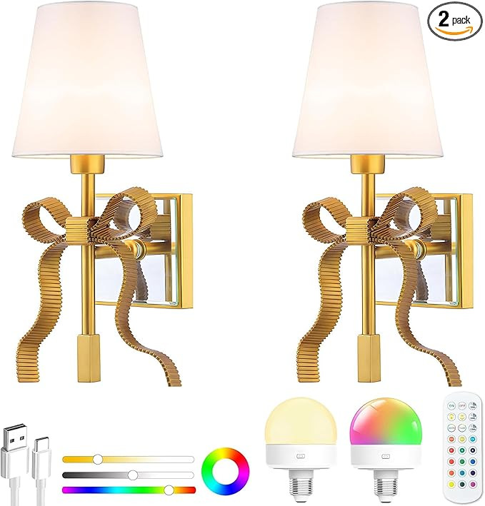 Battery Operated Wall Sconces Set of 2, Gold Wireless Bow Wall Light with 5200mAh Dimmable Bulbs ... | Amazon (US)