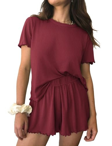 Ekouaer Womens Pajamas 2 Piece Ribbed Knit Pjs Short Sleeve Sleepwear Set Summer Soft Pajamas Set Casual Lounge Sets Wine Red M | Amazon (US)