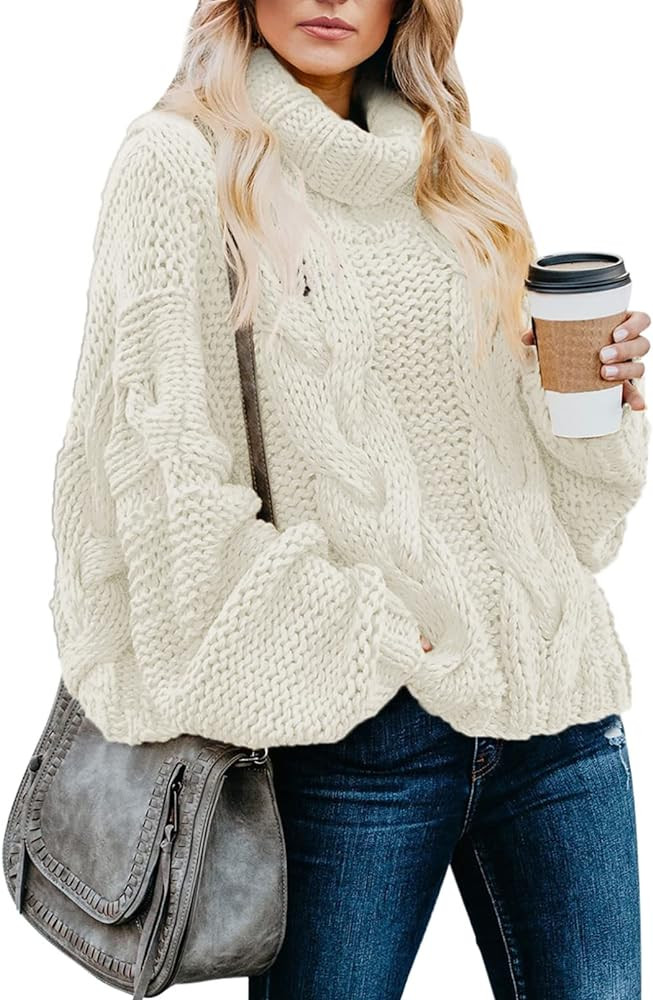Dokotoo Womens 2024 Winter Fall Solid Turtleneck High Neck Balloon Long Sleeve Sweaters Pullover ... | Amazon (US)