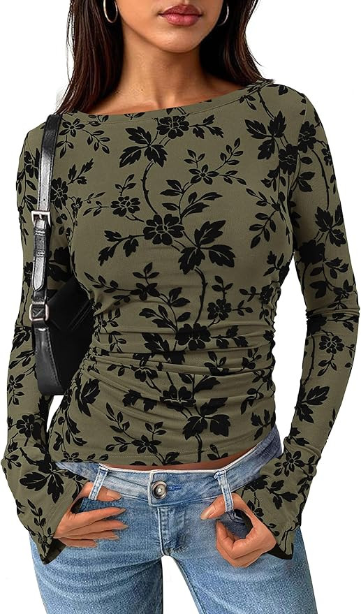 PRETTYGARDEN Women Long Sleeve Floral Mesh Tops Blouse 2025 Fall Trendy Boat Neck Ruched Fitted S... | Amazon (US)