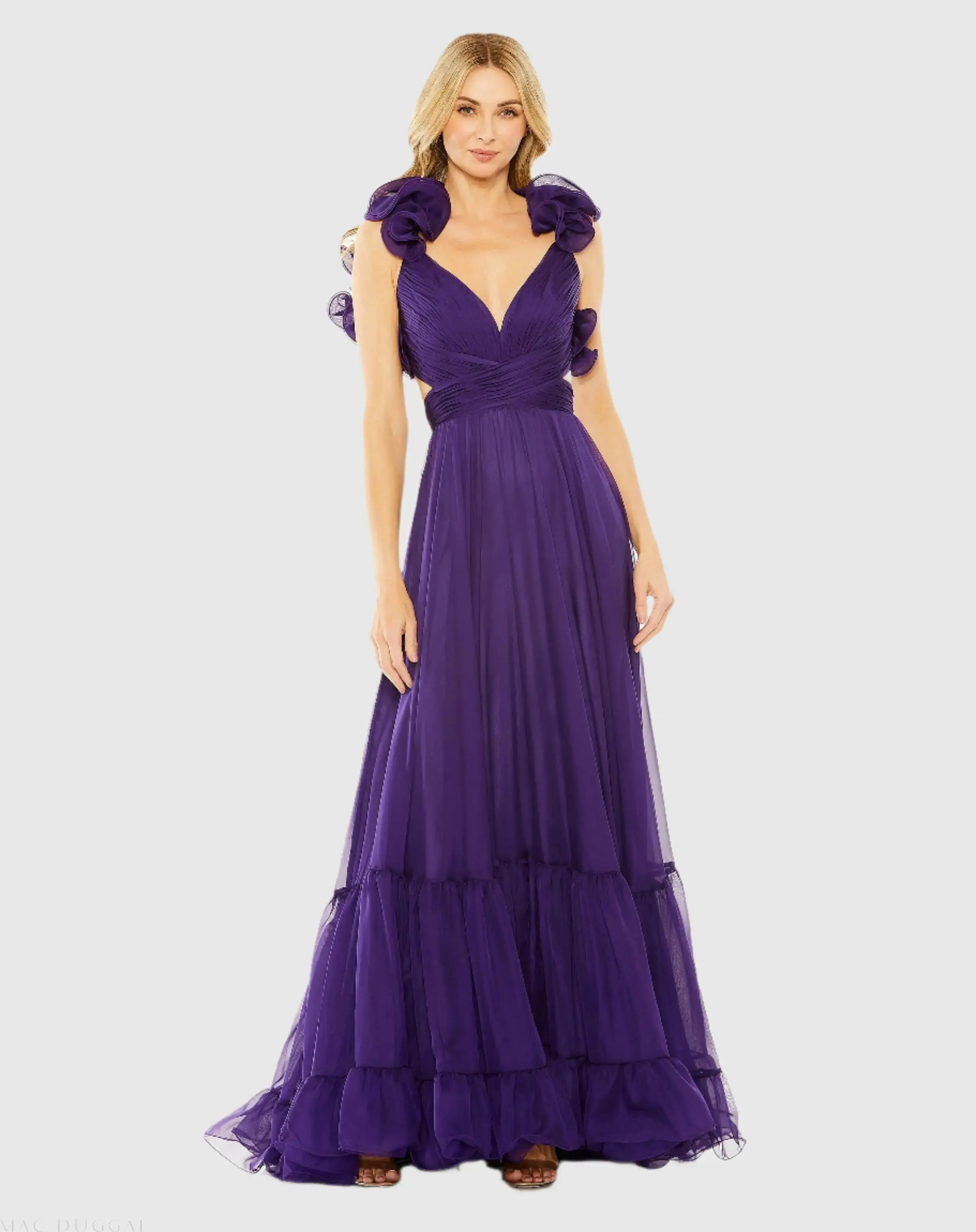 Mac Duggal - Purple Ruffle Tiered Cut-Out Chiffon Gown - US 8 | Mac Duggal