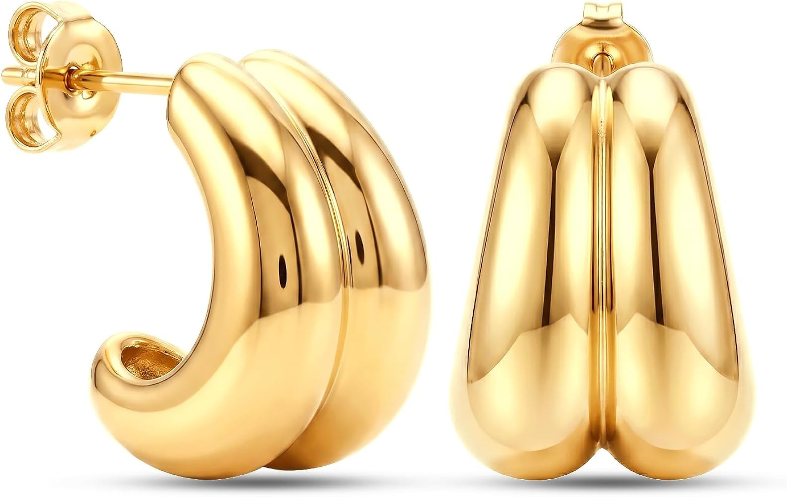 Gold-Toned Oval Chunky Hoop Earrings - 14K Gold Plated Puffy Dome Half Hoop Stud Earrings | Bold ... | Amazon (US)