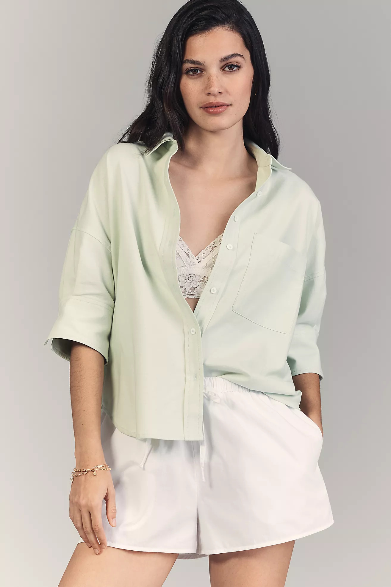 Maeve Puff Elbow-Sleeve Boxy Buttondown Oxford Shirt | Anthropologie (US)