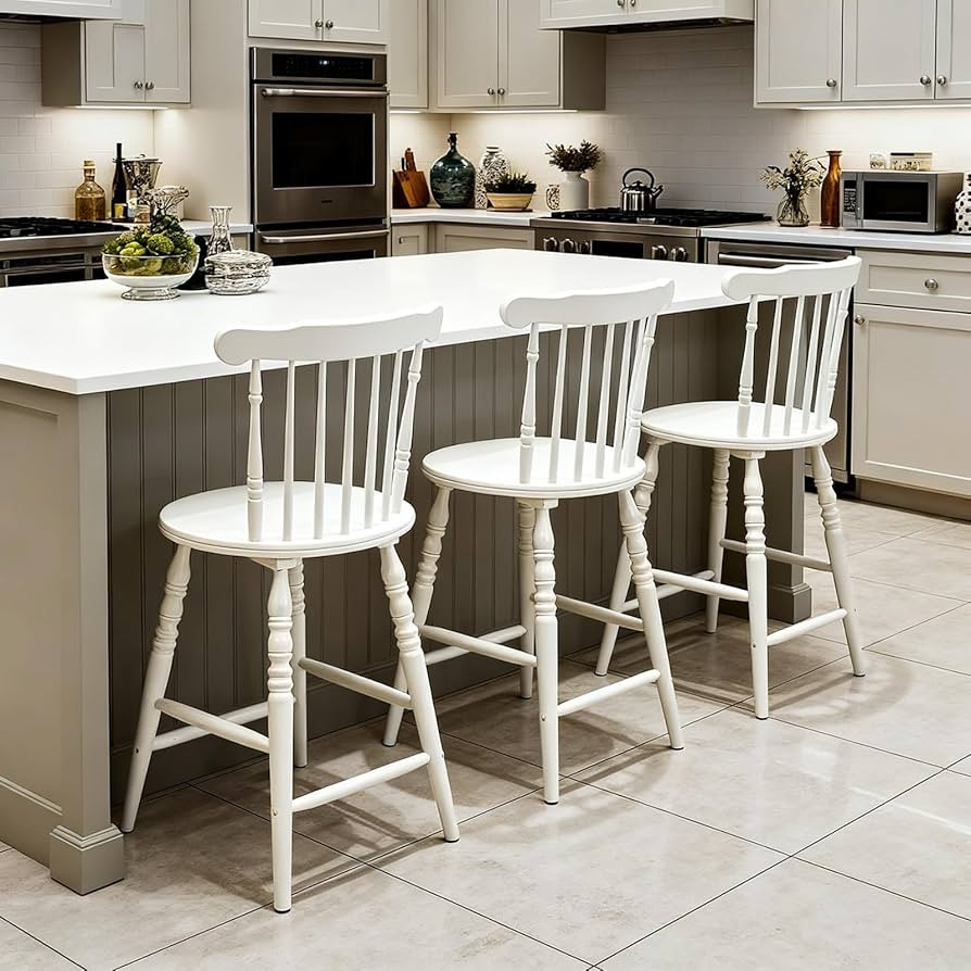 chairus 24" White Windsor Counter Height Bar Stools Set of 3, Farmhouse Wooden Counter Stools wit... | Amazon (US)
