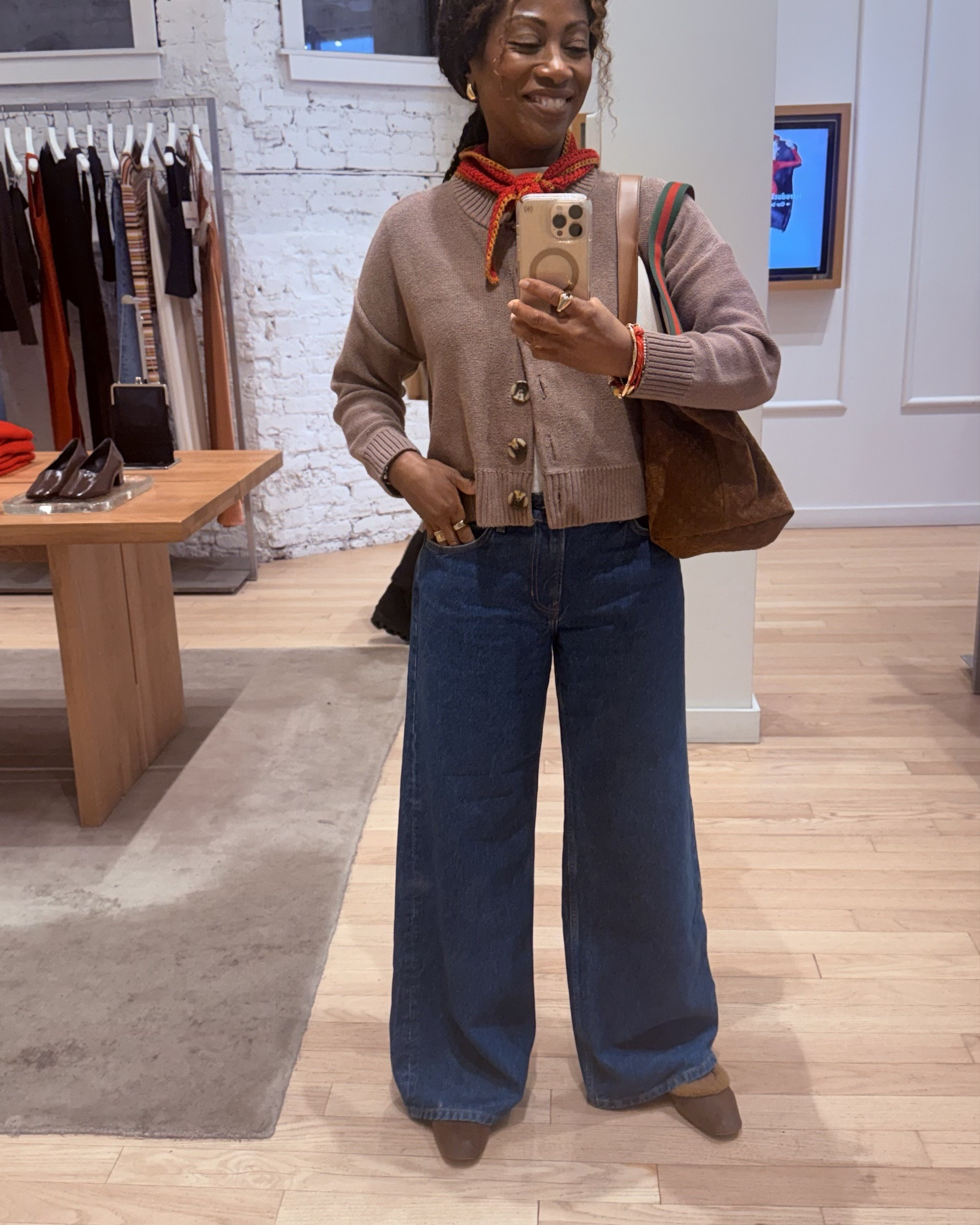 Jeans and sweater does mean safe and boring.  These @Reformation jeans and @Quince sweater are anything but boring!  Paired with the red neck scarf, for a pop of color, and my shearling Mary Jane’s, this is both a work and coffee date outfit! 

#LTKootd #LTKOver40 #LTKgrwm
