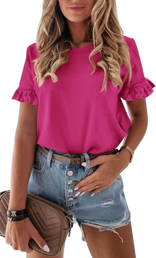 PRETTYGARDEN Women's Short Sleeve Casual T Shirts Summer Ruffle Plain Round Neck Loose Fit Tee Bl... | Amazon (US)