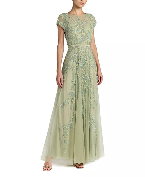Floral Embellished Short Sleeve Mesh Gown | Bloomingdale's (US)