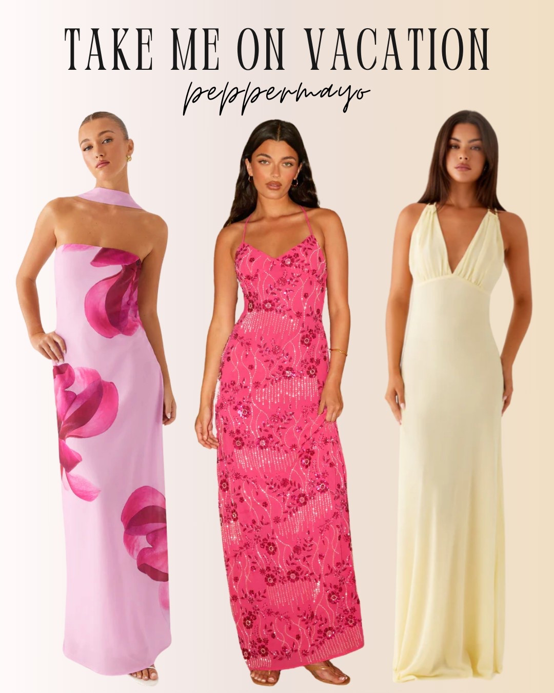 These vacation-ready dresses from Peppermayo are perfect for your next tropical getaway. The first look features a sleek halter neck maxi dress with bold pink floral prints, ideal for resort dinners or sunset photos. The second is a sequin-embellished hot pink gown with delicate floral detailing, while the third showcases a buttery yellow plunge-neck dress that’s effortlessly elegant—must-haves for your LTK vacation style collection.

#LTKTravel #LTKSeasonal