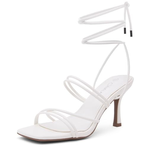 Shoe Land Women's Strappy Heels – Square Open Toe Lace-Up Heeled Sandals with Adjustable Ankle Wrap, Comfy 3-Inch Stiletto Dressy Evening High Heels for Wedding & Party, White, Size 9.0, SL-Lumi | Amazon (US)