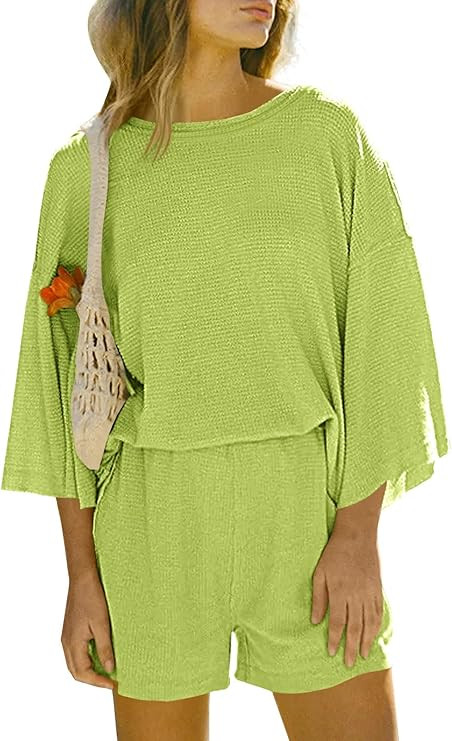 Tankaneo Womens Short Sets 2 Piece Outfits 3/4 Sleeve Tops and Elastic Waist Shorts Lounge Set Ca... | Amazon (US)