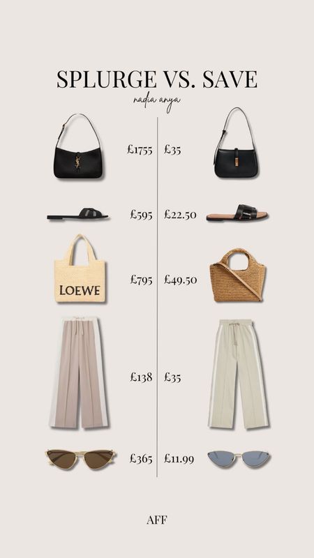 Spend vs save - favourite dupes for the ysl hobo bag, ysl sandals, loewe x Paula’s ibiza raffia tote bag, reiss side stripe elasticated waist beige trousers & bottega cat eye sunglassess

#LTKeurope #LTKSeasonal #LTKstyletip